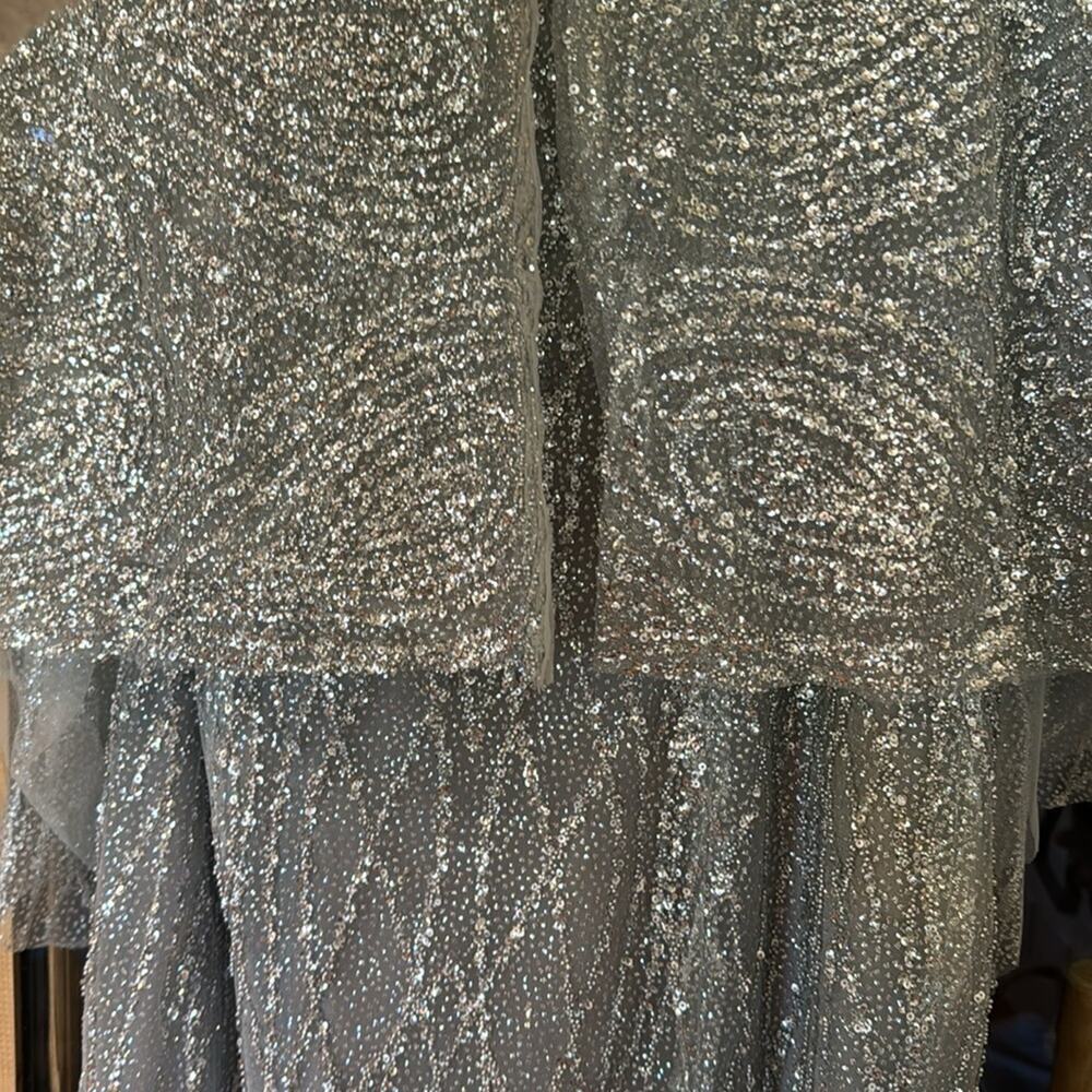 Marchesa Notte Strapless Beaded Glitter Maxi Column Gown w Caplet silver NEW - Picture 5 of 15